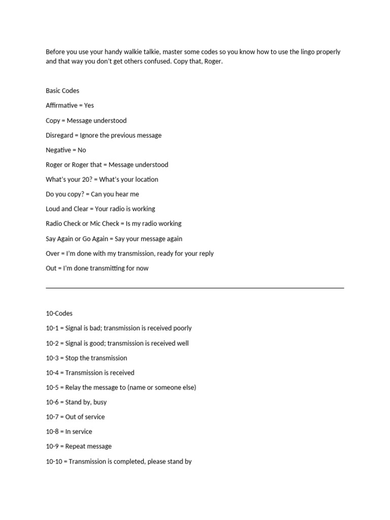 Essential Walkie Talkie Codes Guide | PDF
