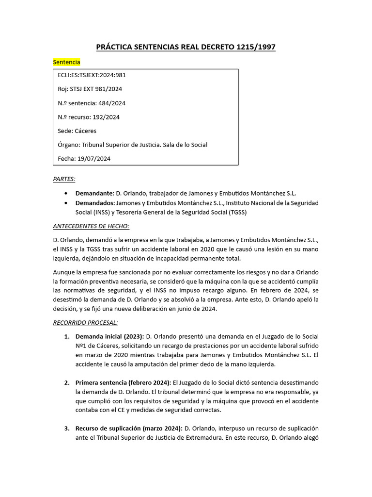 Práctica Sentencias RD 1215-1997 | PDF | Sentencia (ley) | Business