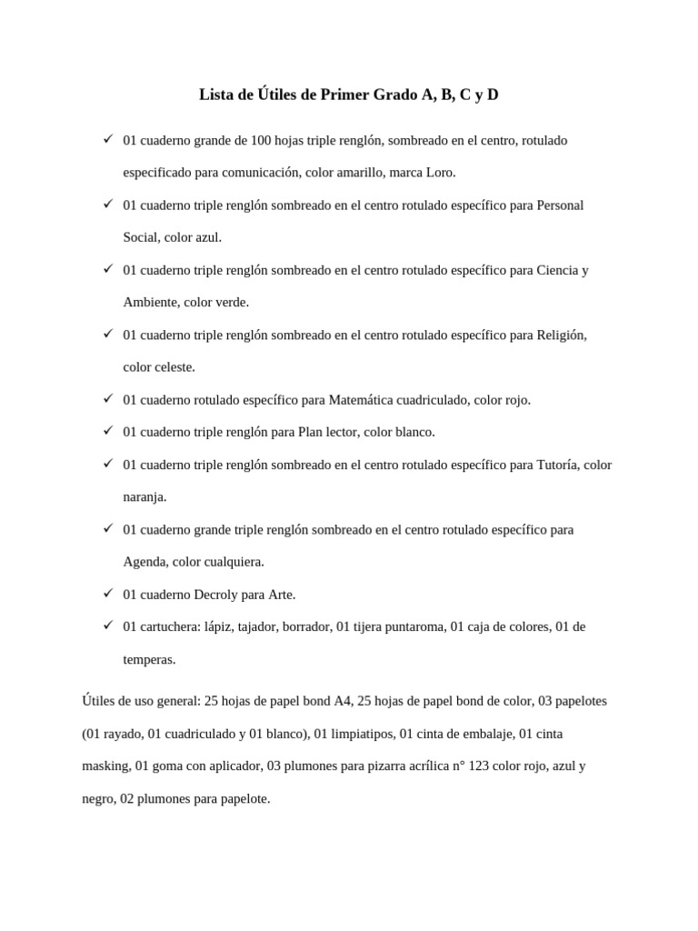 Lista de Útiles para Primer Grado | PDF
