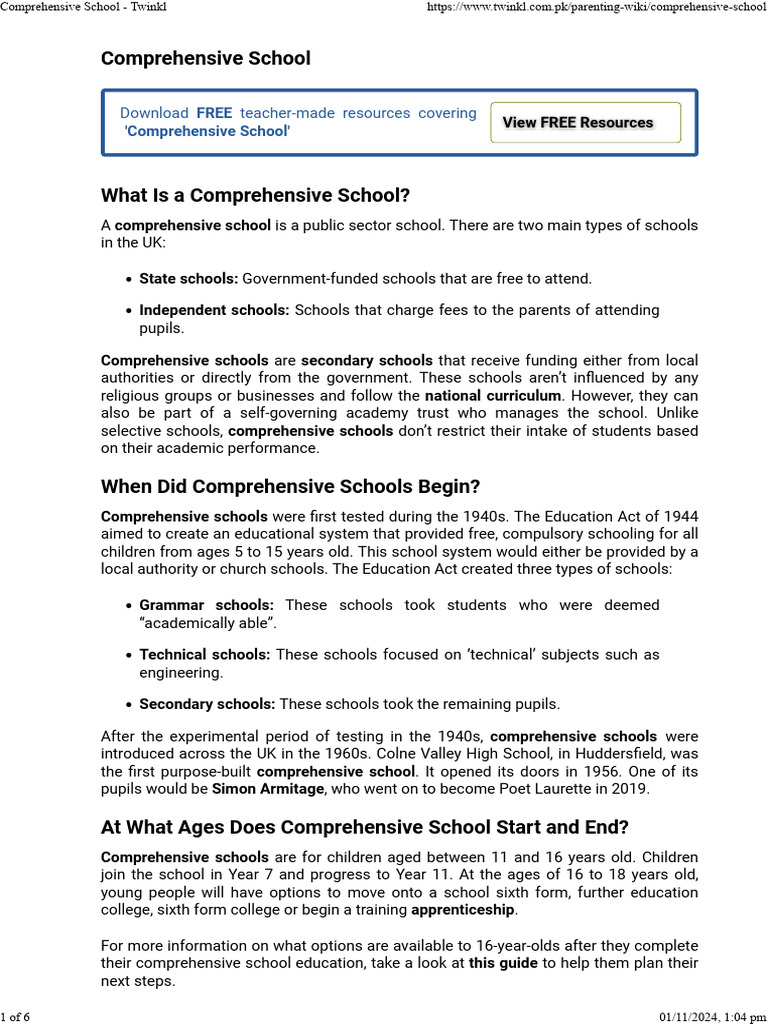 Comprehensive School - Twinkl | PDF | State School | Schools