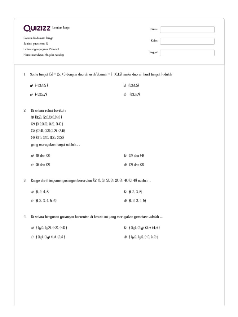 Latihan Domain, Kodomain, dan Range | PDF