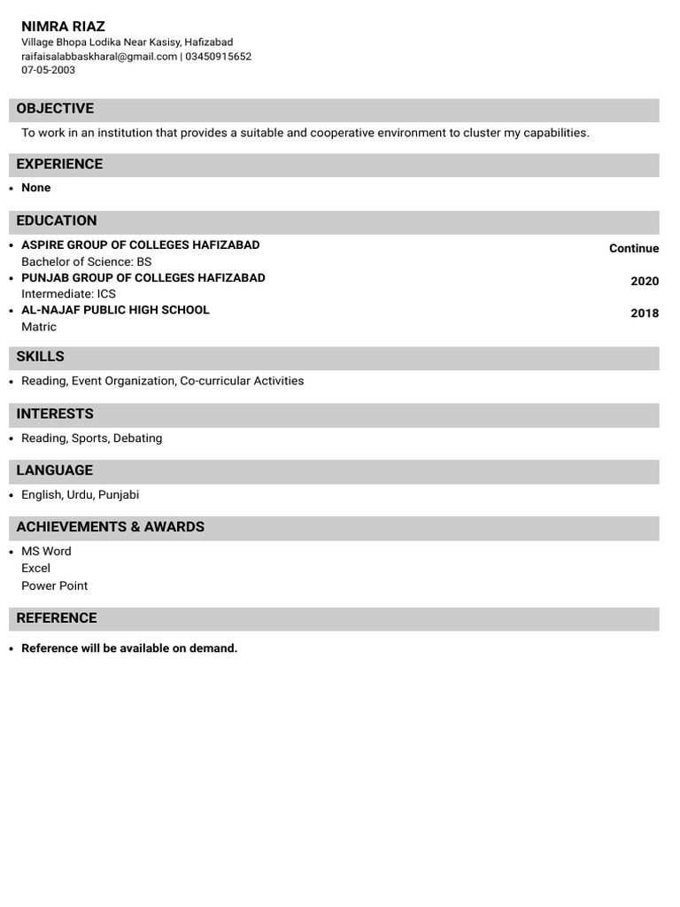 NIMRA RIAZ - CV and Career Objective | PDF