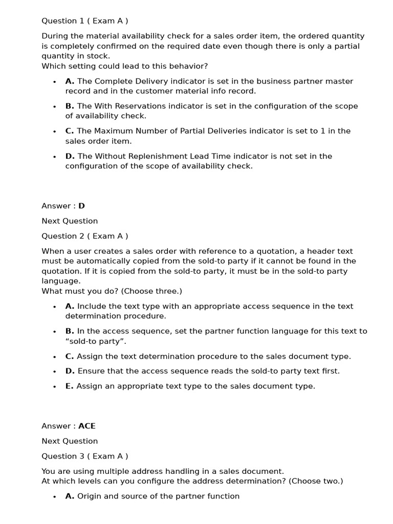 SAP SD Hana Sales - 2022 - Sample Questions - 3 | PDF | Invoice | Pricing
