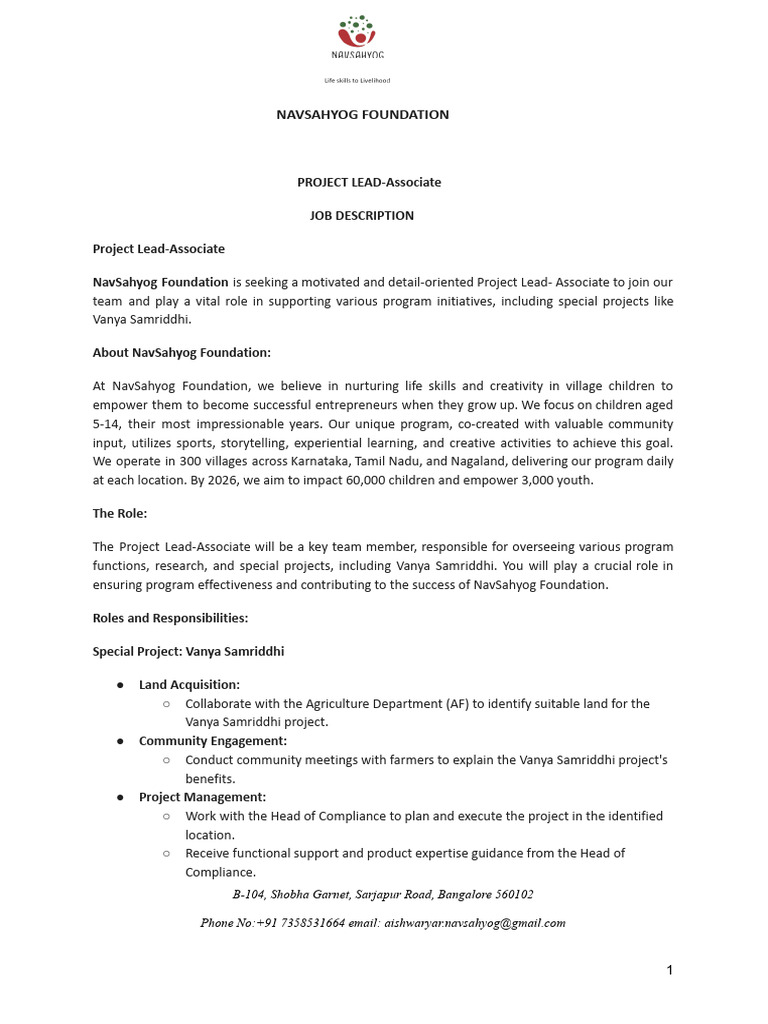 Associate Project Lead - Navsahyog Foundation JD | PDF | Cognition ...