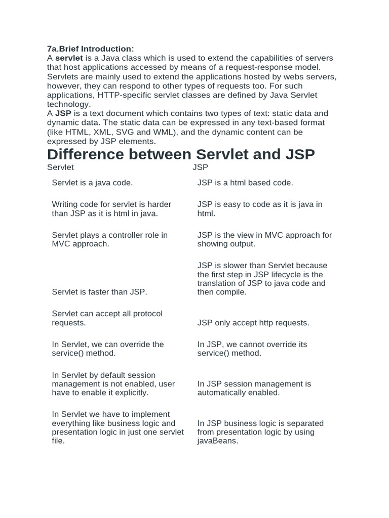 Servlet vs JSP: Key Differences | PDF | Web Server | Internet & Web