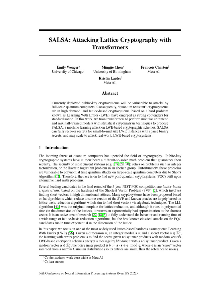 NeurIPS 2022 Salsa Attacking Lattice Cryptography With Transformers ...