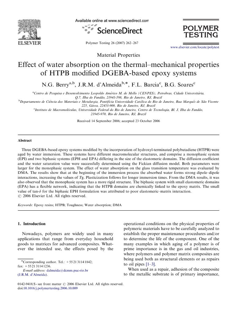 Effect of Water Absorption On The Thermal-Mechanical Propertiesof HTPB ...