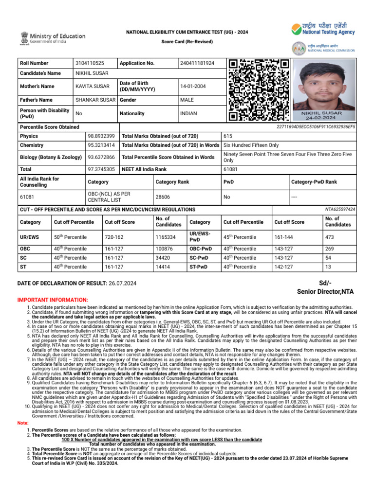 NEET UG 2024 Score Card | PDF