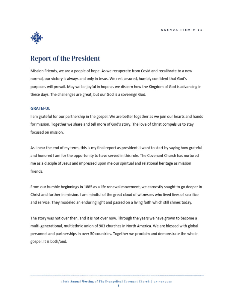 President's Report: Covenant Church 2022 | PDF | Jesus | Christian Mission