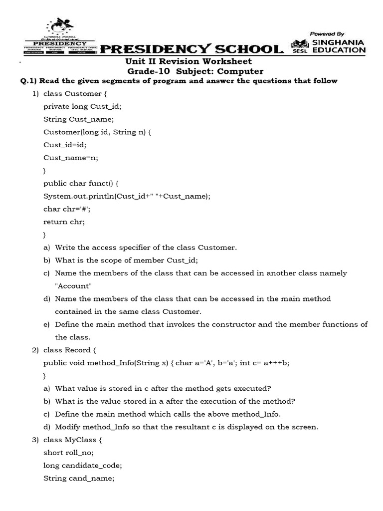 Grade 10 Computer Programming Worksheet | PDF | Method (Computer ...