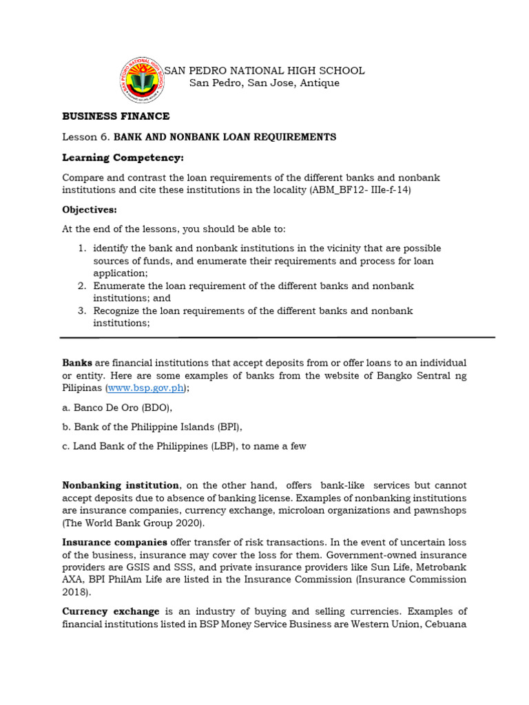 Bank vs Nonbank Loan Requirements Guide | PDF | Banks | Pawnbroker