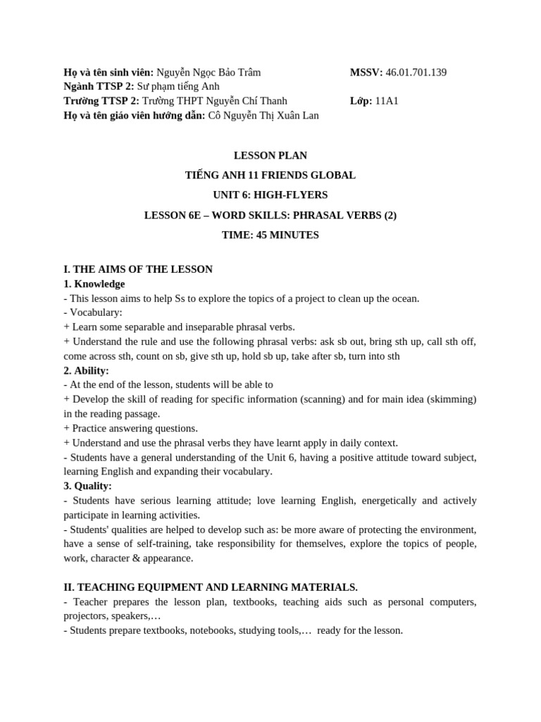 Lesson Plan: Phrasal Verbs for English 11 | PDF | Question | Teachers