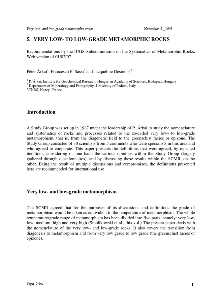 Very Low T o Low-Grade Metamorphic Rocks | PDF