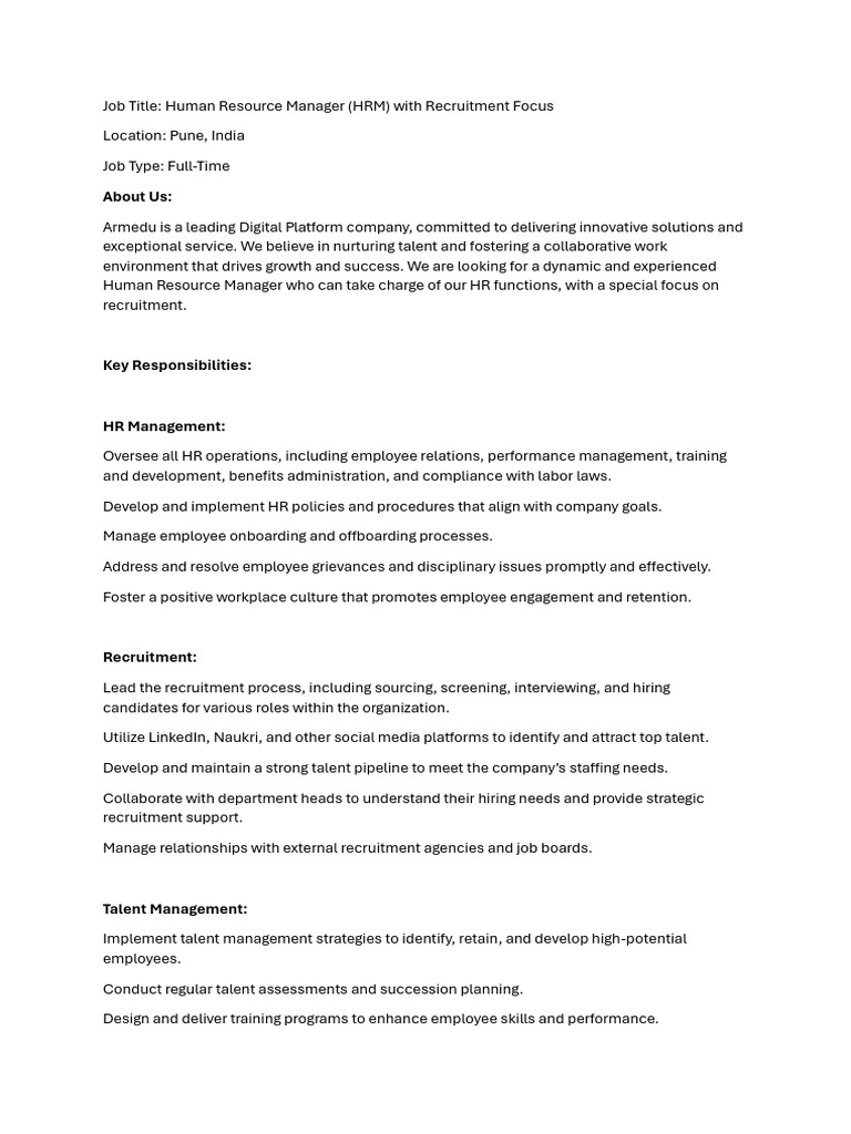 Jd For Hr Resources Pdf Human Resource Management Recruitment