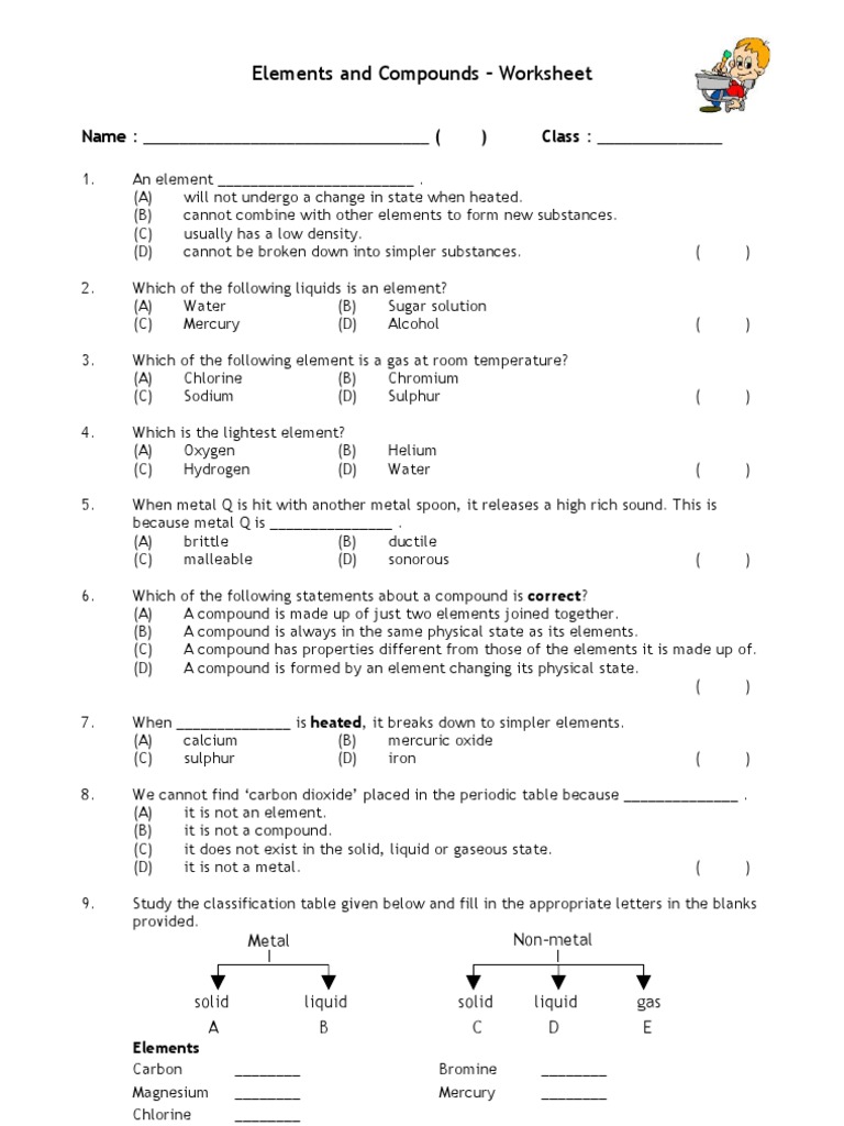 Grade 7 Elements and Compounds Worksheet | PDF | Science & Mathematics ...