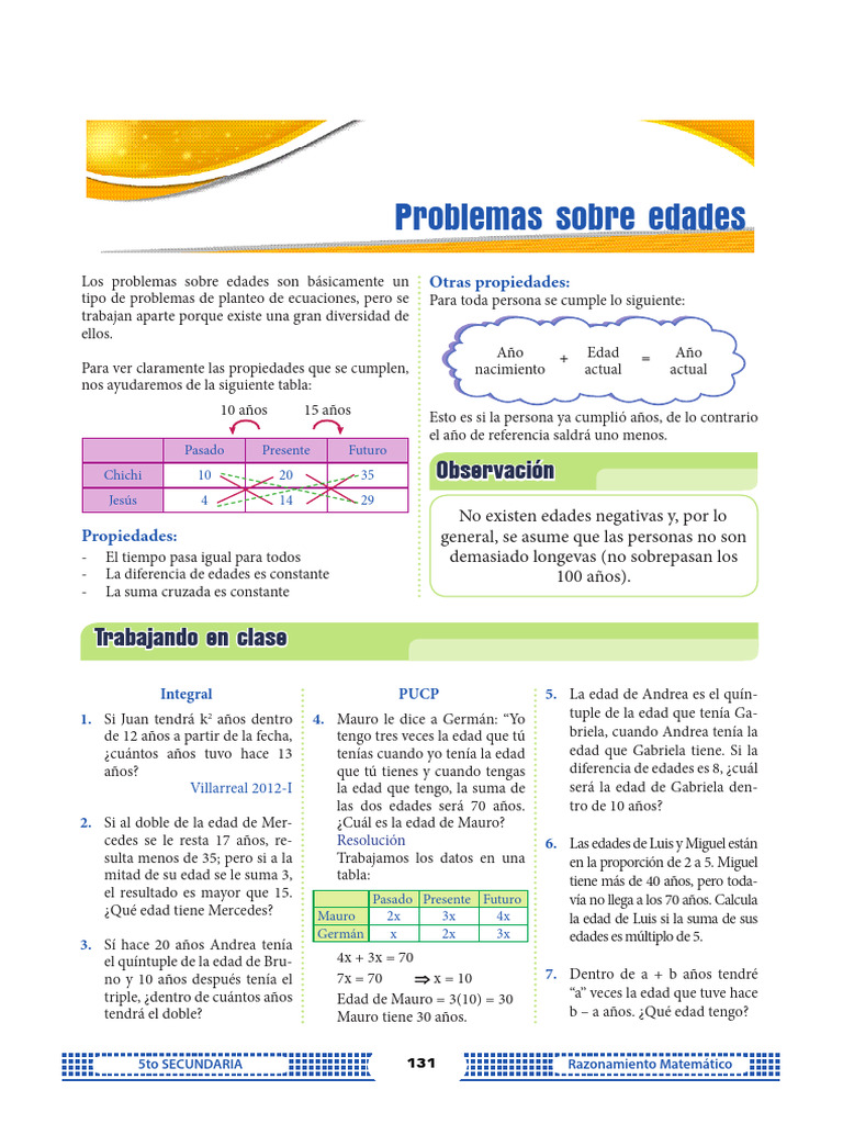 Problemas de Edades para Cuarto Grado | PDF