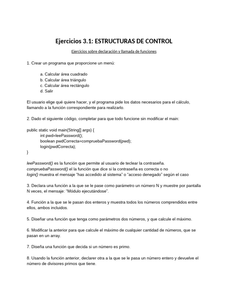 Ejercicios de Funciones y Control en Java | PDF
