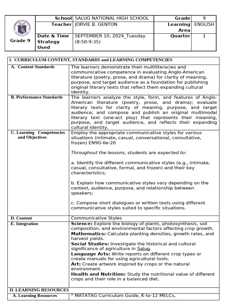 Lesson Plan - Co1 - A.y.2024-2025 - English 9 - Communicative Styles ...