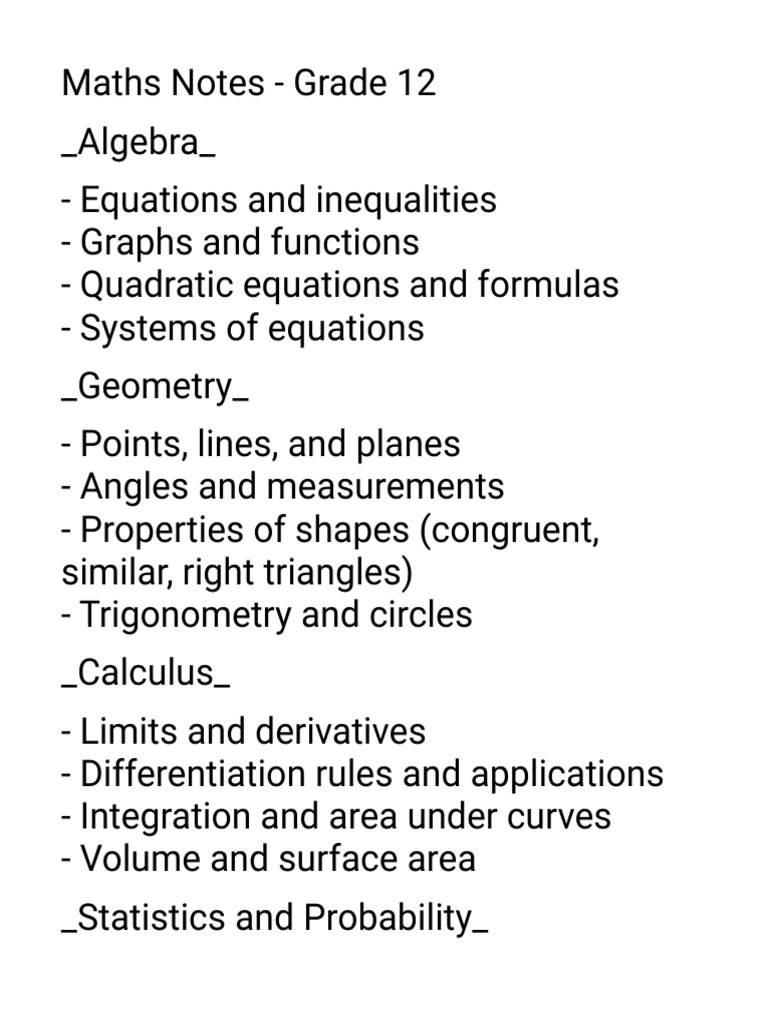 Grade 12 Maths Notes: Algebra to Calculus | PDF