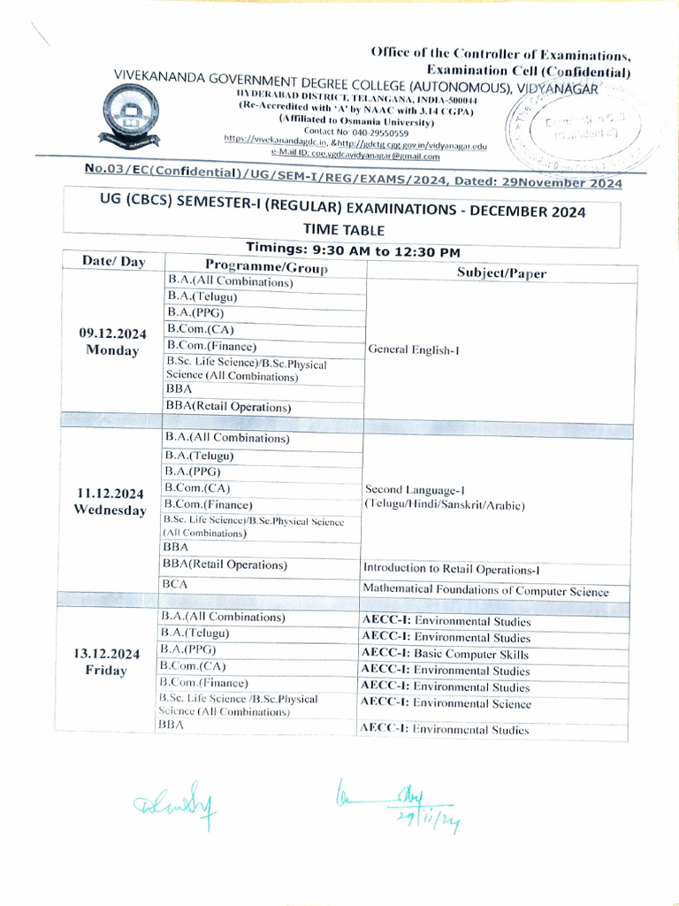 UG Semester-I Exam Schedule 2024 | PDF | Science | Computing