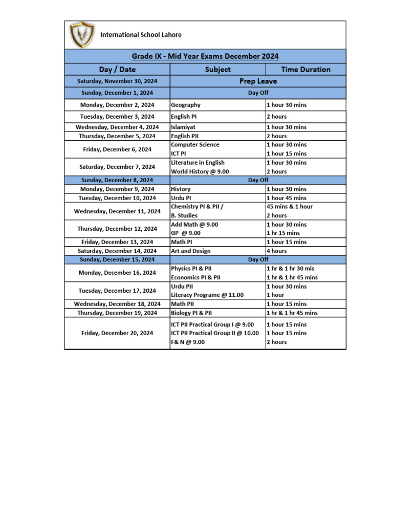 Grade IX - December Datesheet | PDF