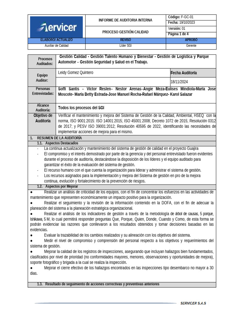 F gc 01 ver 01 informe de auditoria inerna procesos de proyecto