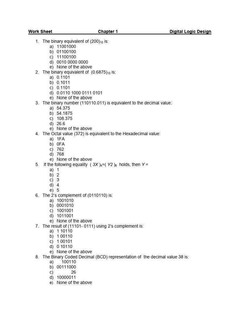 Digital Logic Design Worksheet Answers | PDF