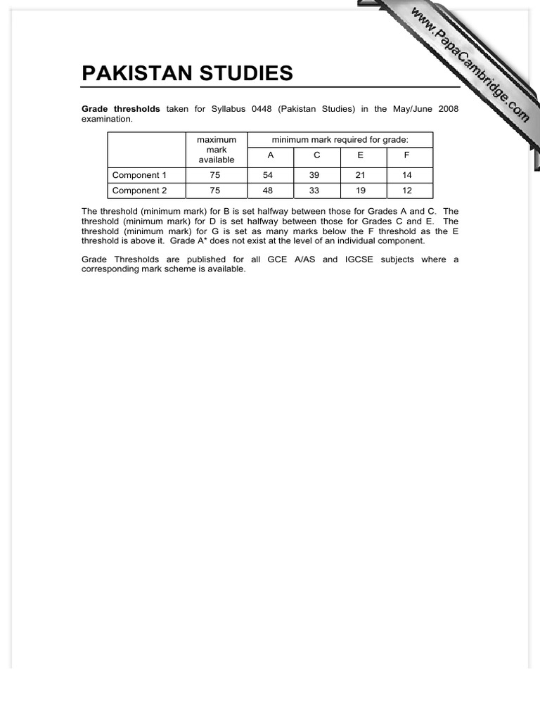 Pakistan Studies: Grade Thresholds | PDF