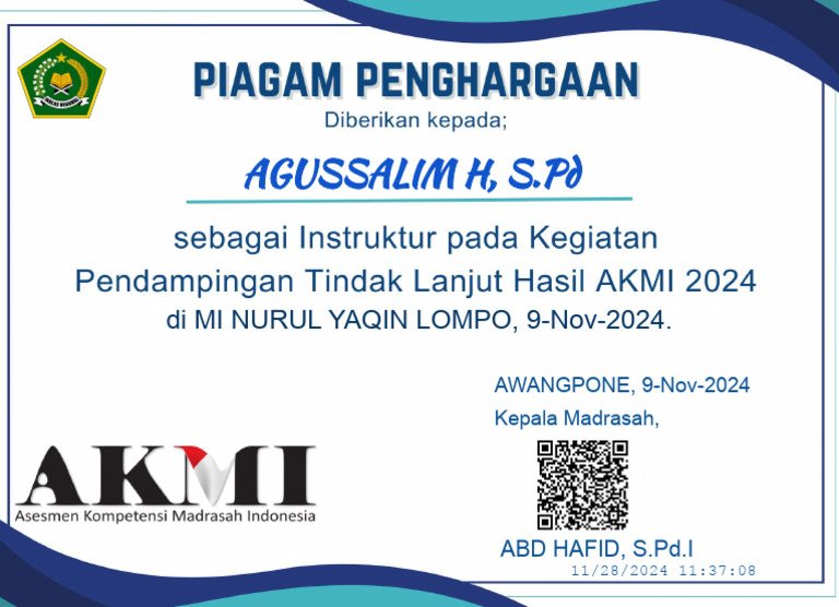 Piagam Akmi 2024 Agussalim H, S.PD | PDF