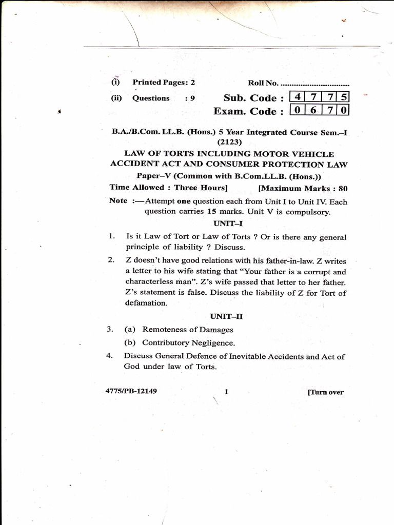 Law of Torts and Consumer Protection Exam | PDF | Tort | Justice