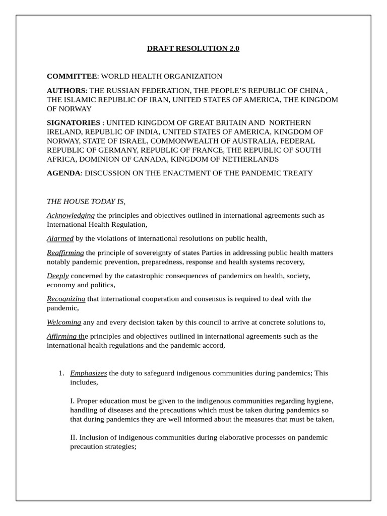 DRAFT RESOLUTION 2 | PDF | Pandemic | Treaty