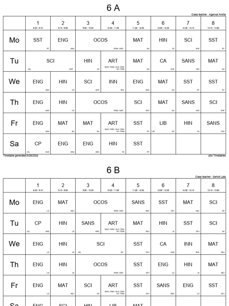 Class Timetables for 2024 | PDF