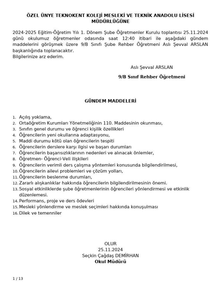 Özel Ünye Teknokent Koleji Mesleki Ve Teknik Anadolu Lisesi Müdürlüğüne ...