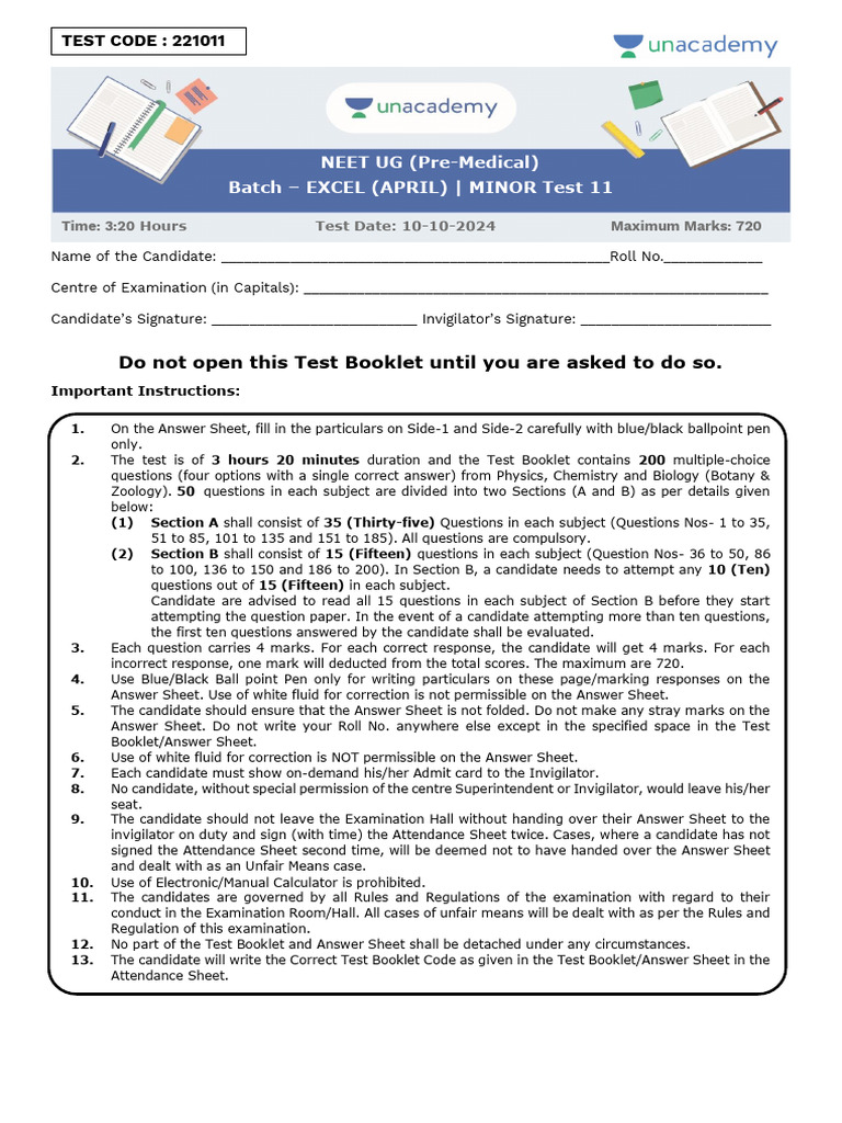 221011 NEET EXCEL Minor Test 11 10 Nov, 2024 Solution Copy PDF