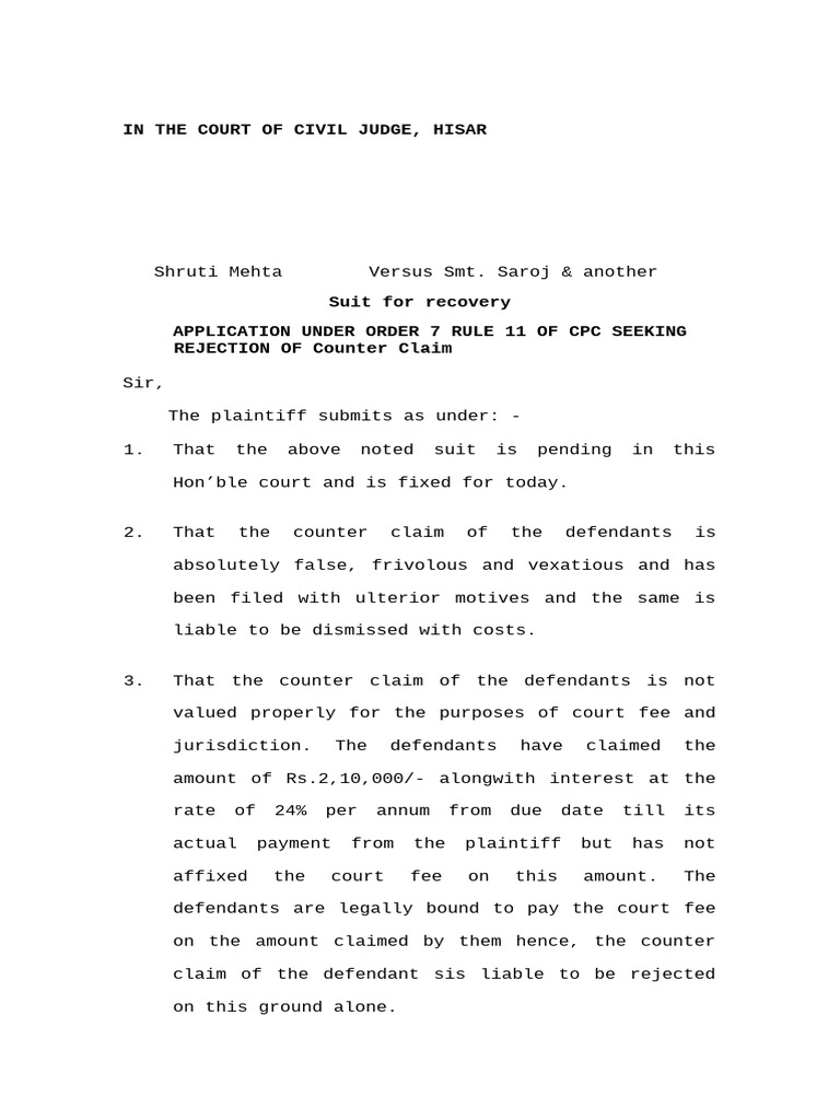 Rejection of Counter Claim Under CPC | PDF
