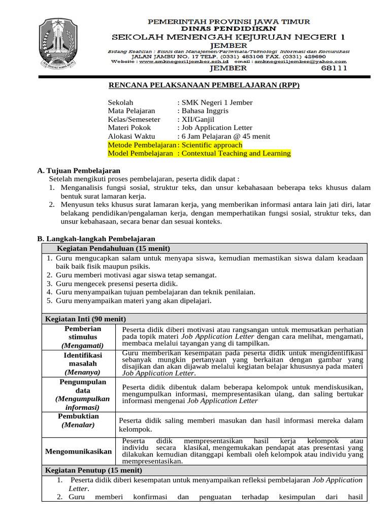 Lesson Plan Job Application Letter | PDF