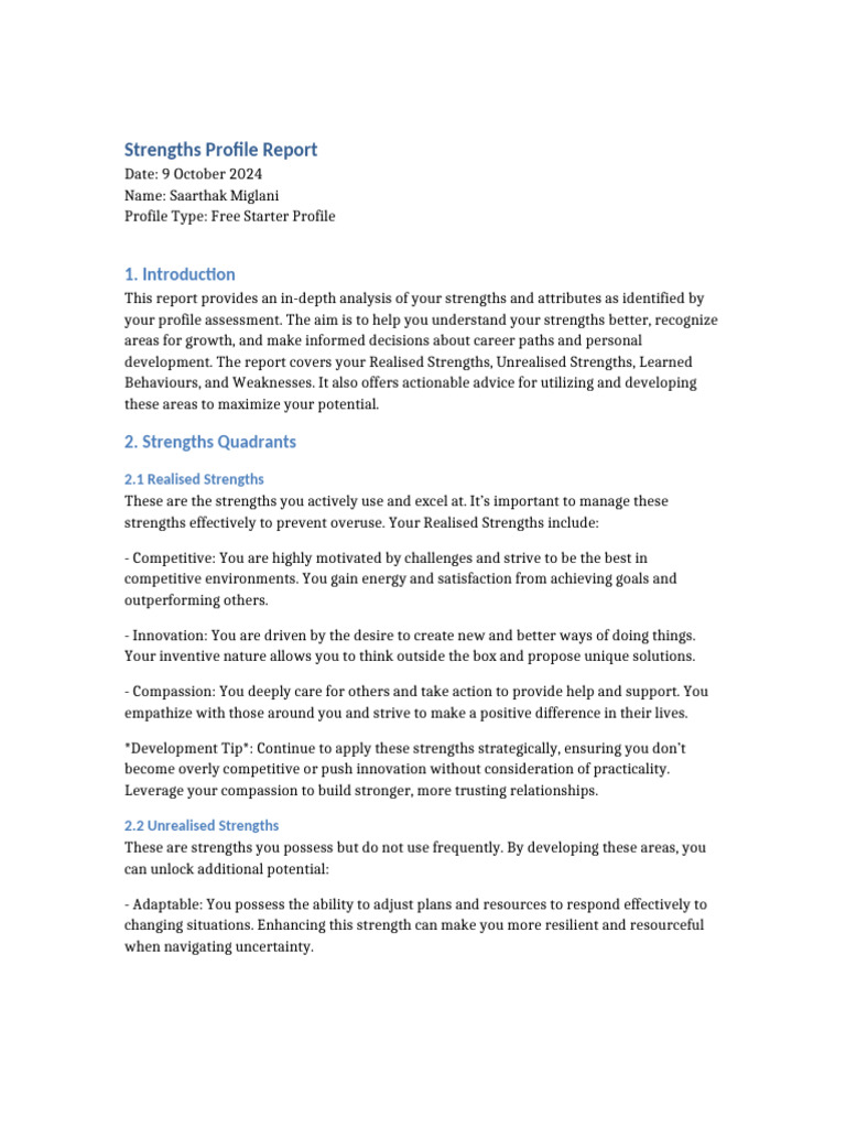 Strengths Profile Report Saarthak Miglani | PDF | Persuasion | Negotiation