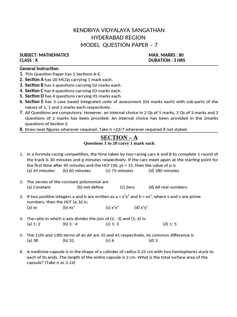 Class X Mathematics Model Question Paper | PDF | Area | Sphere