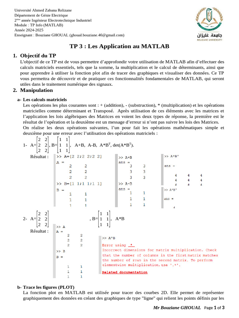 TP MATLAB : Calculs et Tracés Graphiques | PDF | Matrice (Mathématiques ...