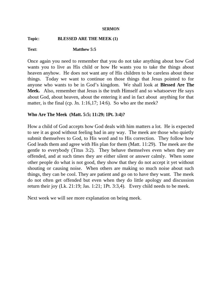 Topic: Blessed Are The Meek (1) Text: Matthew 5:5 | PDF