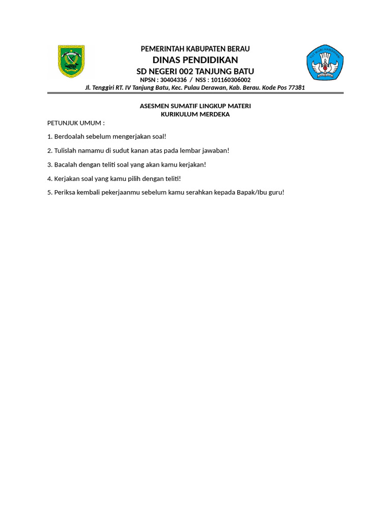 Asesmen Sumatif Kurikulum Merdeka SD 002 | PDF