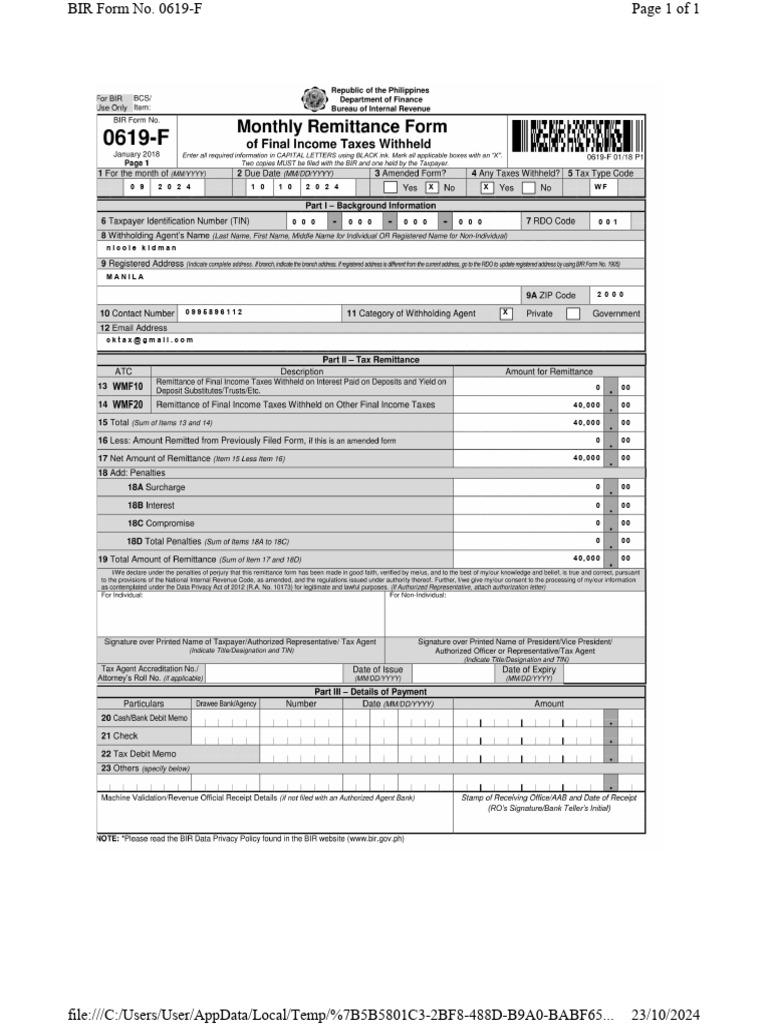 BIR Form 0619-F Instructions 2024 | PDF
