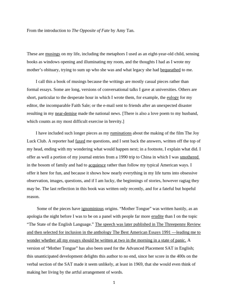 Amy Tan's Reflections on Life and Legacy | PDF | Linguistic Morphology ...