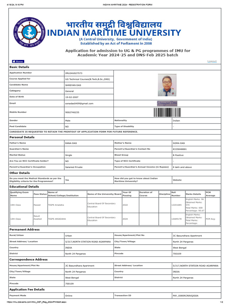 IMU 2024 Registration Form Details | PDF