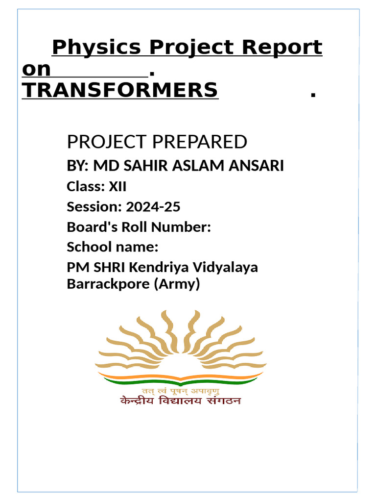 Physics Project Report On TRANSFORMER | PDF | Transformer | Inductor