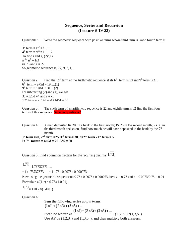 Solution of Practice Questions Sequence and Series (19 - 22) | PDF ...