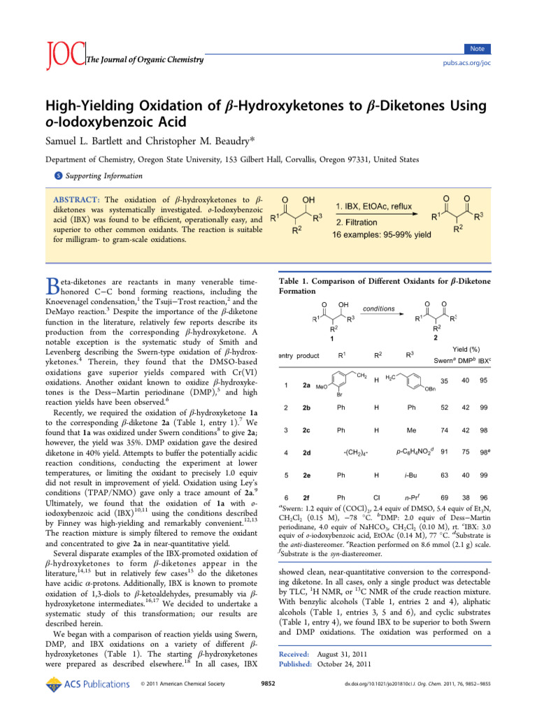 High-Yielding Oxidation of β Hydroxyketones to β Diketones Using o ...
