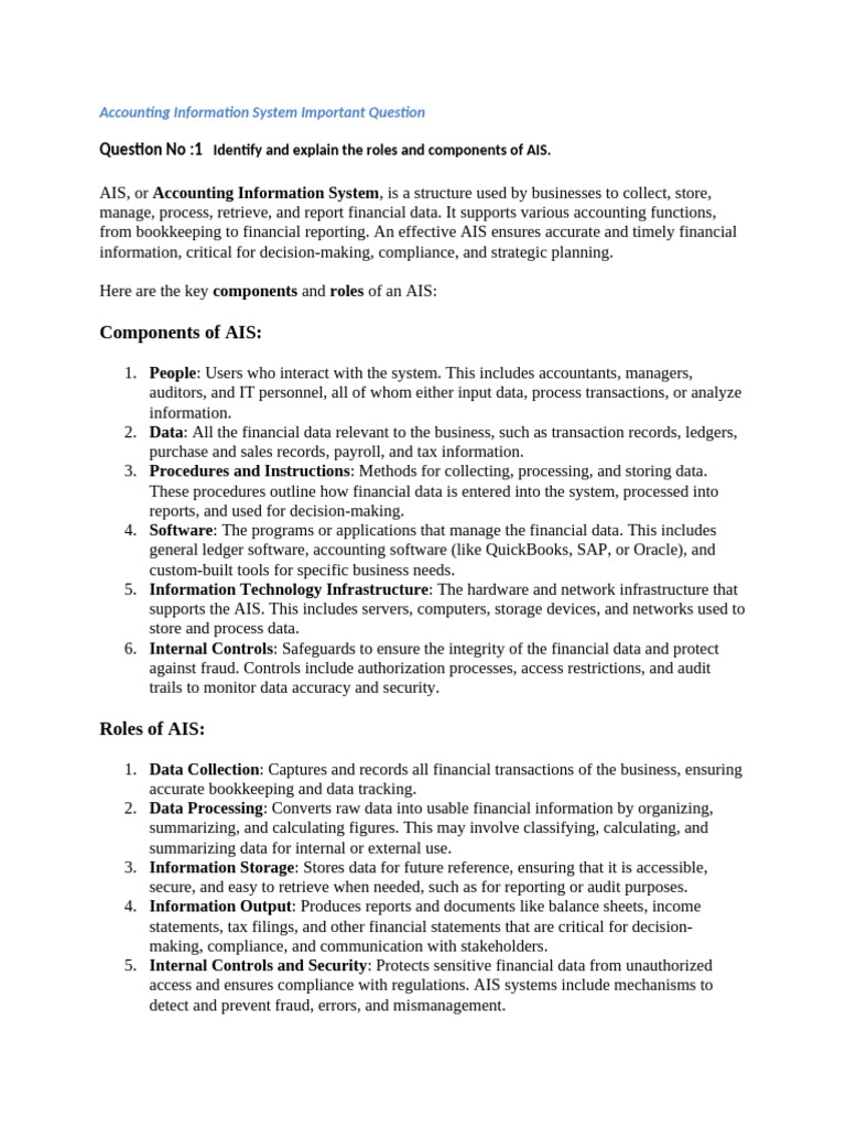 Components and Roles of AIS | PDF | Databases | Internal Control