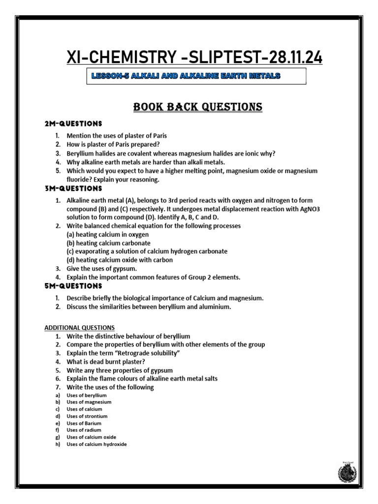 XI CHEMISTRY Book Back Questions BS | PDF