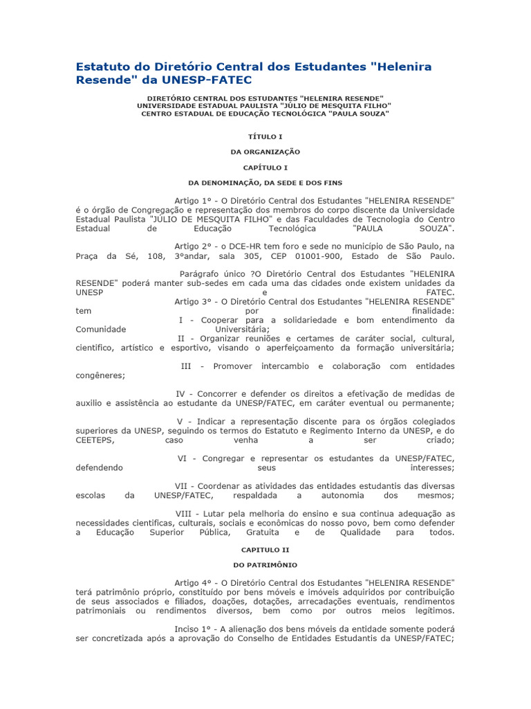 Estatuto do DCE Helenira Resende UNESP-FATEC | PDF